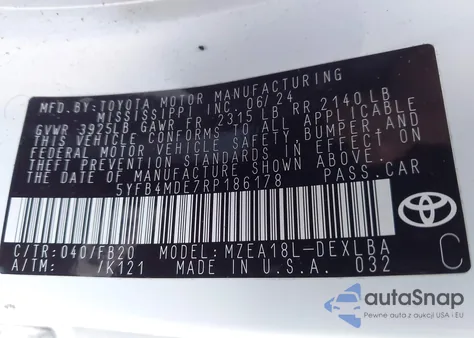 2024 Toyota Corolla Le from USA, damaged, VIN 5YFB4MDE7RP186178